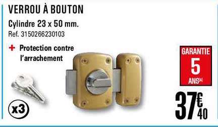 verrou à bouton cylindre 23 x 50 mm
