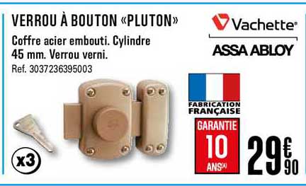 verrou à bouton pluton coffre acier embouti cylindre 45 mm verrou verni vachette assa abloy