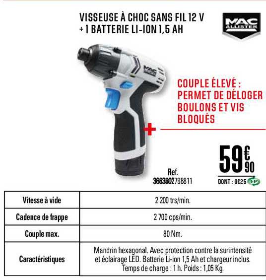 visseuse à choc sans fil 12 v + 1 batterie li ion 1.5 ah mac allister