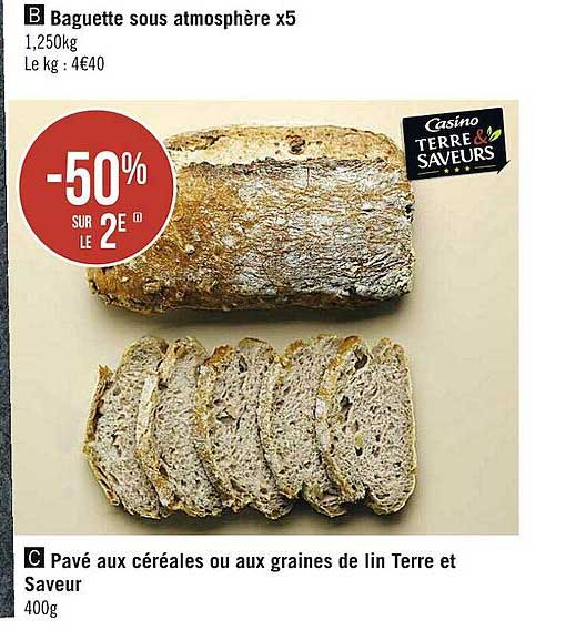 baguette sous atmosphère x5, pavé aux céréales ou aux graines de lin terre et saveur