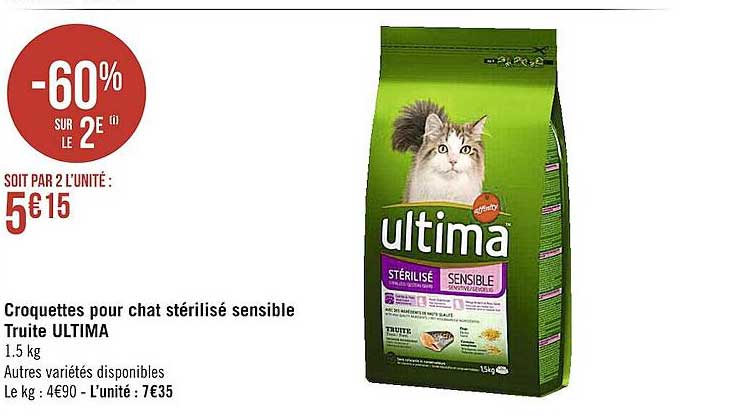 croquettes pour chat stérilisé sensible truite ultima