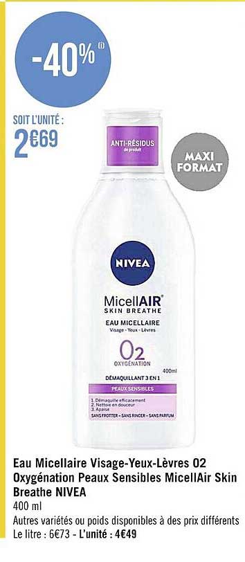 eau micellaire visage-yeux-lèvres 02 oxygénation peaux sensibles micellAir skin breathe nivea