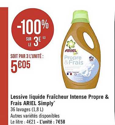 lessive liquide fraîcheur intense propre & frais ariel simply