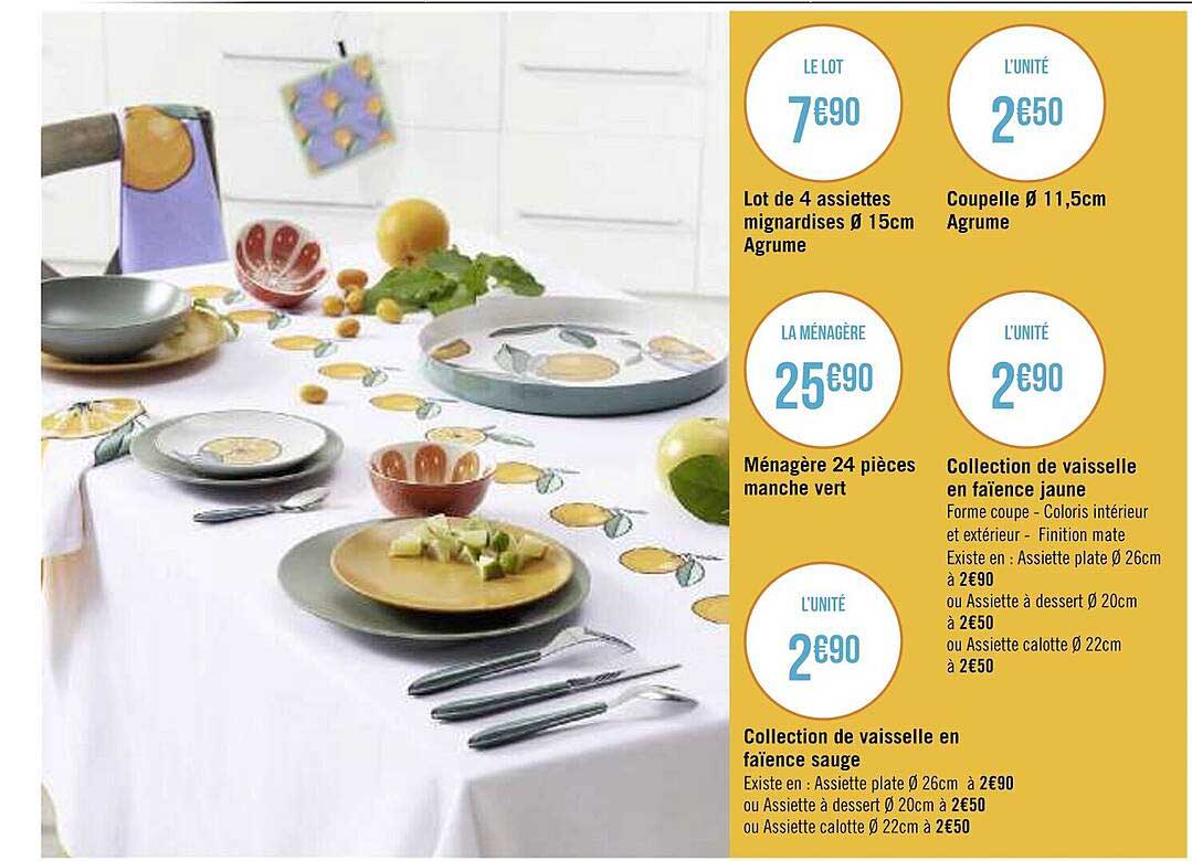 lot de 4 assiettes mignardises ø 15 cm agrume, coupelle ø 11,5 cm, ménagère 24 pièces manche vert, collection de vaisselle en faïence jaune, collection de vaisselle en faïence sauge