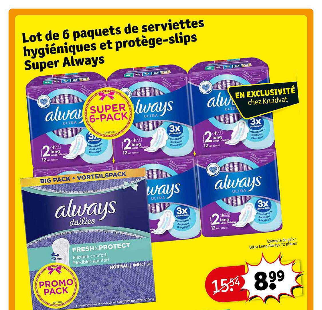 lot de 6 paquets de serviettes hygiéniques et protège-slips super always