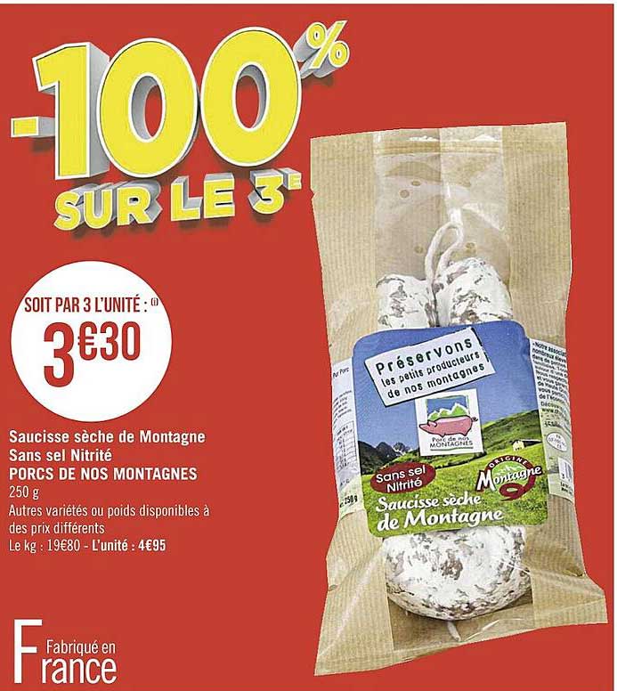 saucisse sèche de montagnes sans sel nitrité porcs de nos montagnes