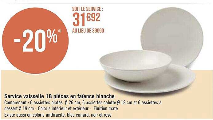 Service Vaisselle 18 Pièces En Faïence Blanche