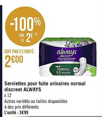 serviettes pour fuite urinaires normal discreet always