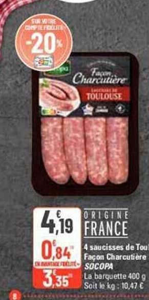 4 saucisses de toulous façon charcutière socopa
