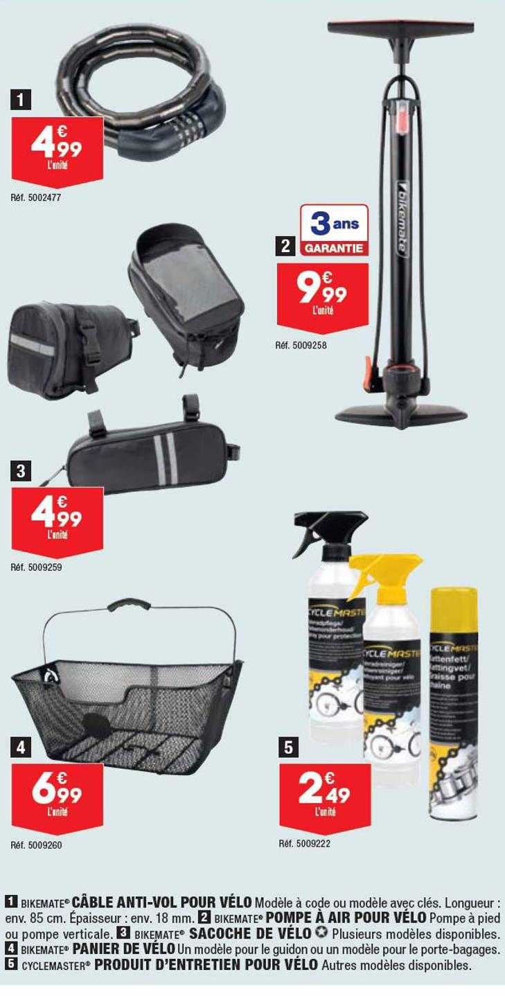 câble anti-vol pour vélo bikemate, pompe à air pour vélo bikemate, sacoche de vélo bikemate, panier de vélo bikemate, produit d'entretien pour vélo bikemate