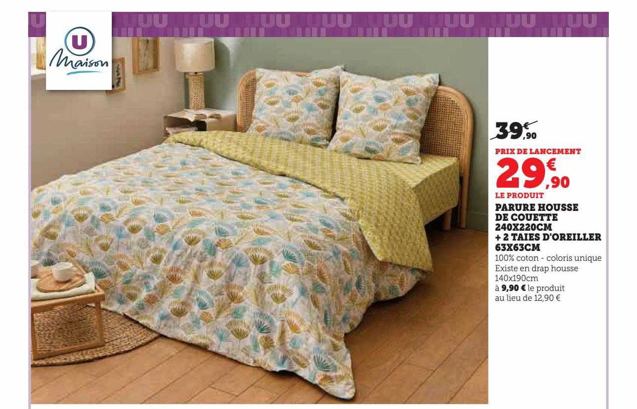 parure housse de couette 240 x 220 cm + 2 taies d'oreiller 63 x 63 cm u maison
