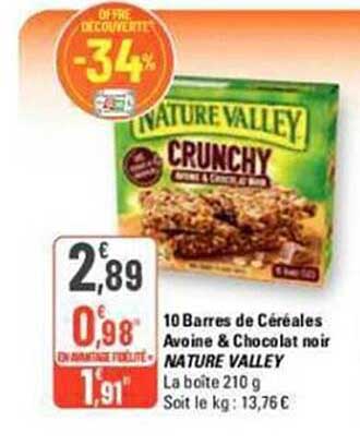 10 barres de céréales avoine & chocolat noir nature valley