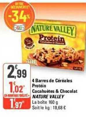 4 barres de céréales protéin cacahuètes & chocolat nature valley