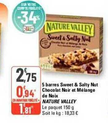 5 barres sweet & salty nut chocolat noir et mélange de noix nature valley