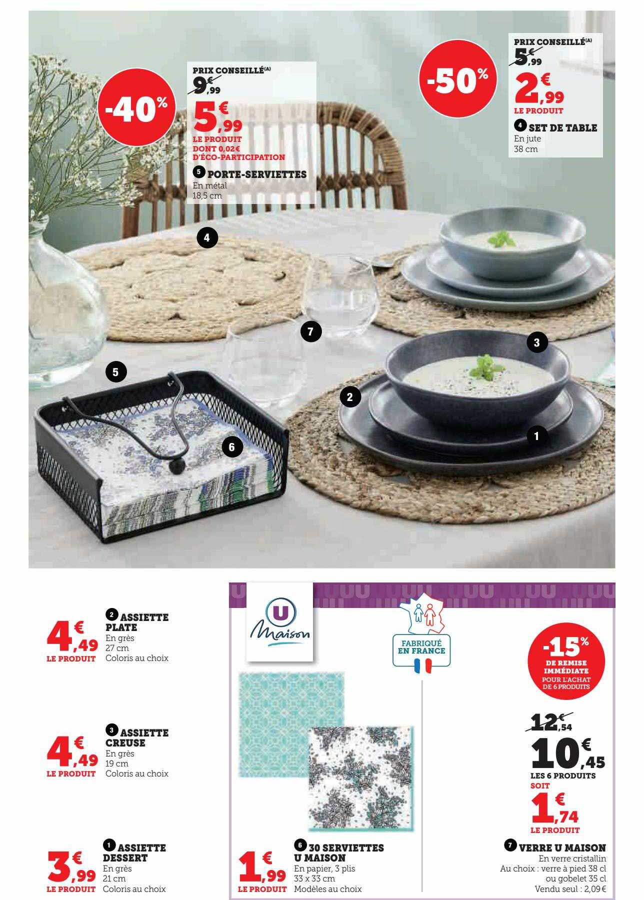 Assiette Plats, Assiette Creuse, Assiette Dessert, 10 Serviettes U Maison, Verre U Maison, Porte-serviette, Set De Table