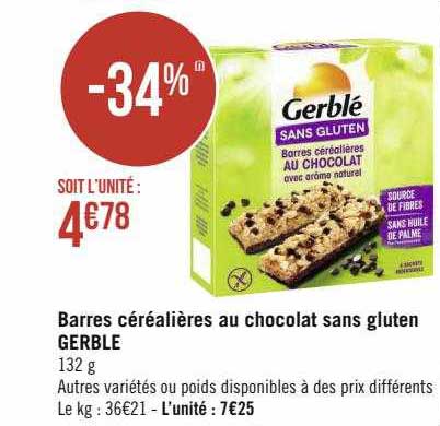 barres céréalières au chocolat sans gluten gerblé