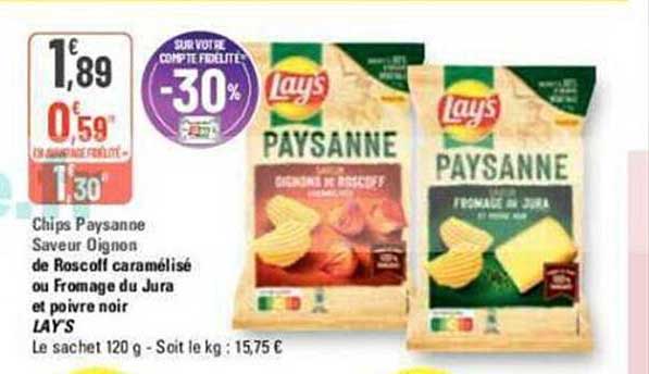 chips paysanne saveur oignon de Roscoff caramélisé ou fromage du jura et poivre noir lay's
