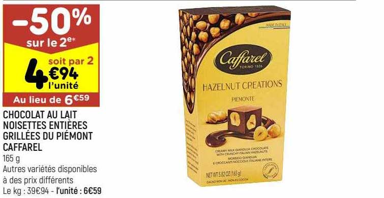 chocolat au lait noisettes entières grillées du piémont caffarel