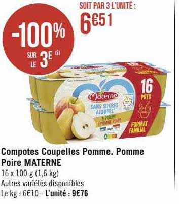 Compotes Coupelles Pomme, Pomme Poire Materne