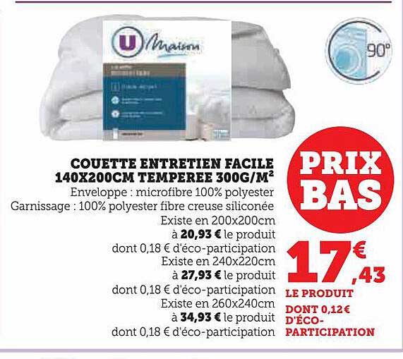 Couette Entretien Facile 140 X 200 Cm Tempérée 300 G-m² U Maison
