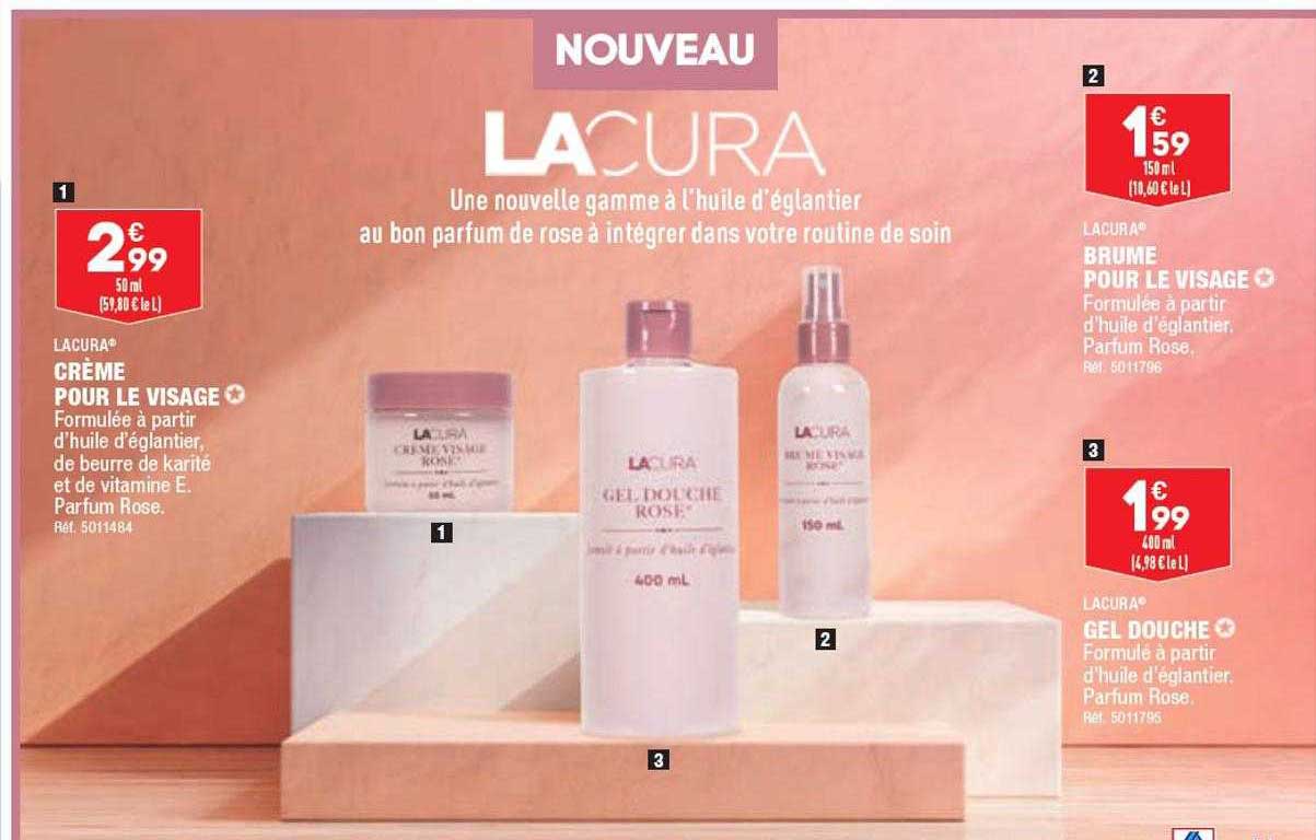 crème pour le visage lacura, brume pour le visage lacura, gel douche lacura