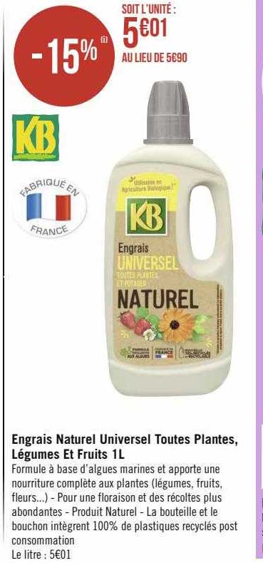 engrais naturel universel toutes plantes, légumes et fruits 1l kb