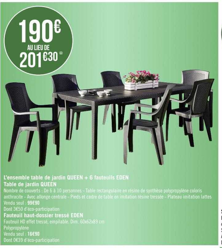 l'ensemble table de jardin queen + 6 fauteuils eden