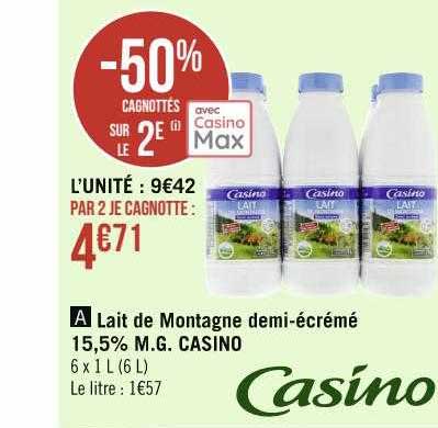 lait de montagne demi-écrémé 15,5% m.g. casino