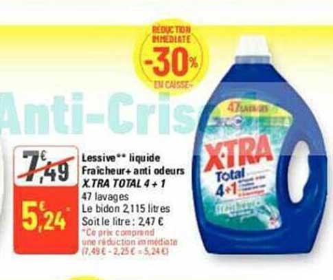 lessive liquide fraîcheur + anti odeurs x-tra total 4 + 1