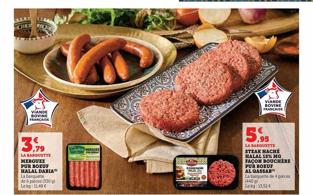 merguez pur bœuf halal dabia, steak haché halal 15% mg façon bouchère pur bœuf al quassab