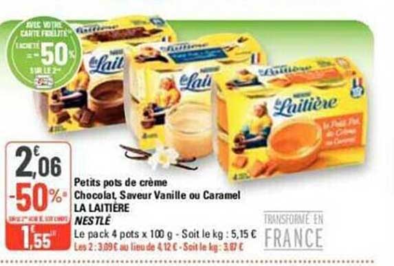 petits pots de crème chocolat, saveur vanille ou caramel la laitière nestlé