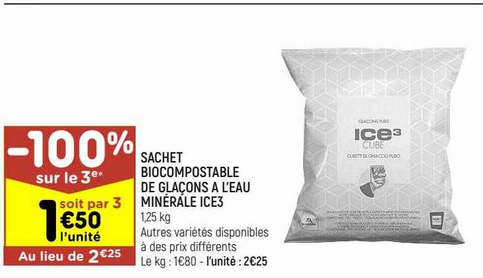 sachet biocompostable de glaçons à l'eau minérale ice3
