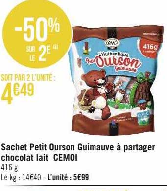 sachet petit ourson guimauve à partager chocolat lait cémoi