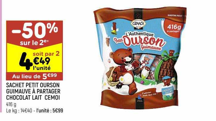 sachet petit ourson guimauve à partager chocolat lait cémoi