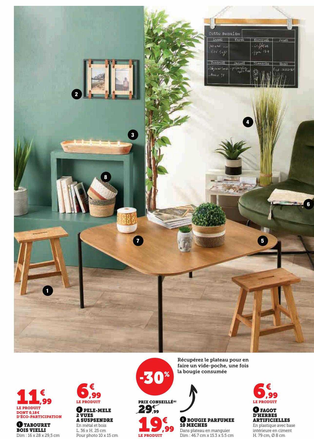 tabouret bois vieilli, pêle-mêle 2 vues à suspension, bougie parfumée10 mèches, fagot d'herbes artificielles