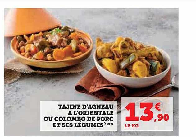 tajine d'agneau à l'orientale ou colombo de porc et ses légumes