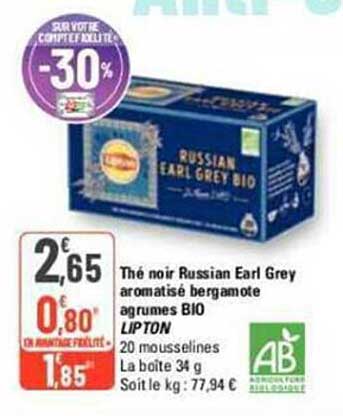 Thé Noir Russian Earl Grey Aromatisé Bergamote Agrumes Bio Lipton