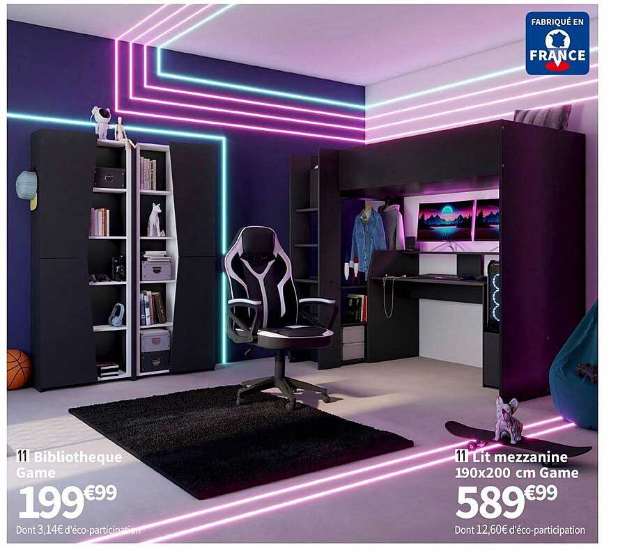 bibliothèque game, lit mezzanine 190 x 200 cm game