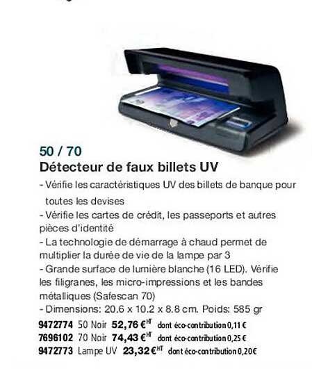 50 / 70 détecteur de faux billets uv