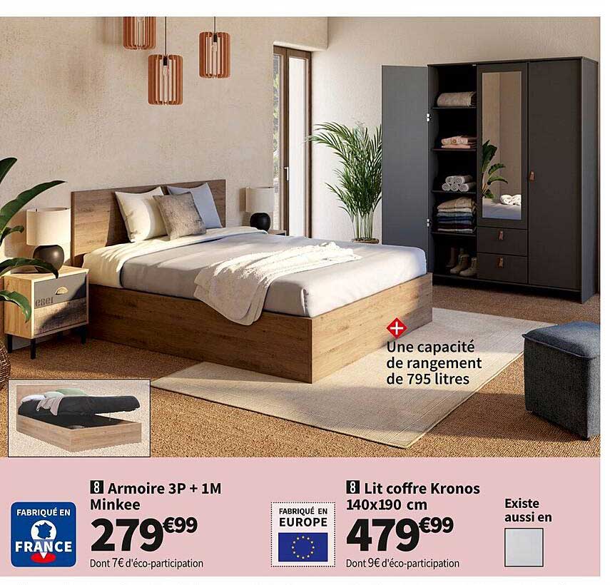 armoire 3p + 1 m minkee, lit coffre kronos 140 x 190 cm