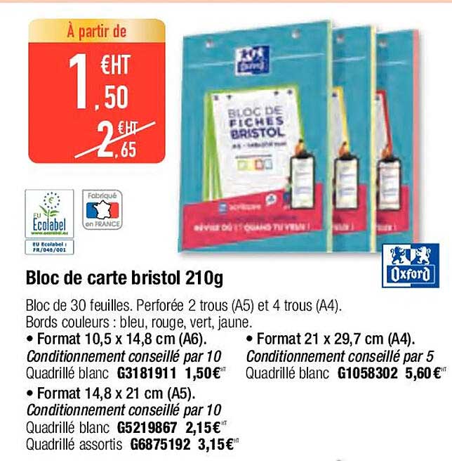 Bloc De Carte Bristol 210g Oxford