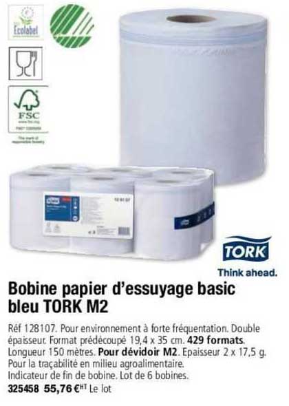 bobine papier d'essuyage basic bleu tork m2