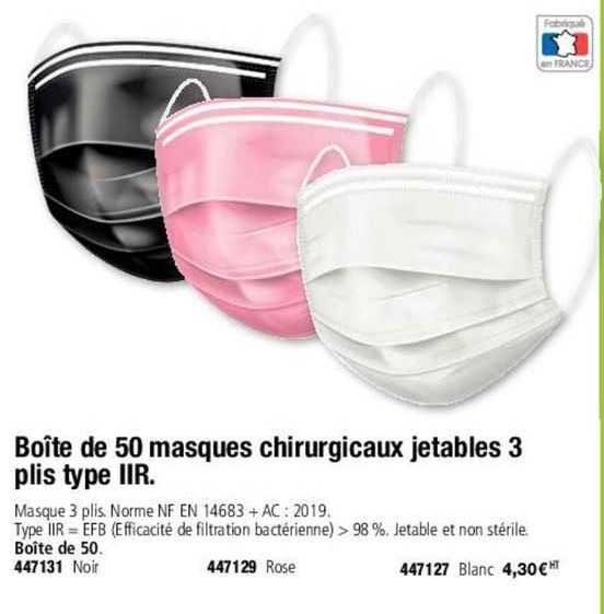 boîte de 50 masques chirurgicaux jetables 3 plis type iir