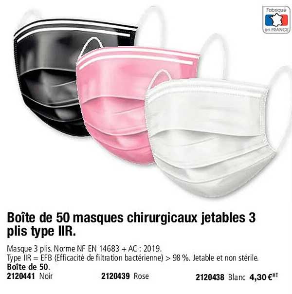 boîte de 50 masques chirurgicaux jetables 3 plis type IIR