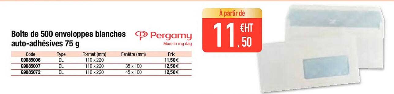 boîte de 500 enveloppes blanches auto-adhésives 75 g pergamy