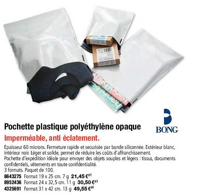 bong pochette plastique polyéthylène opaque imperméable, anti éclatement