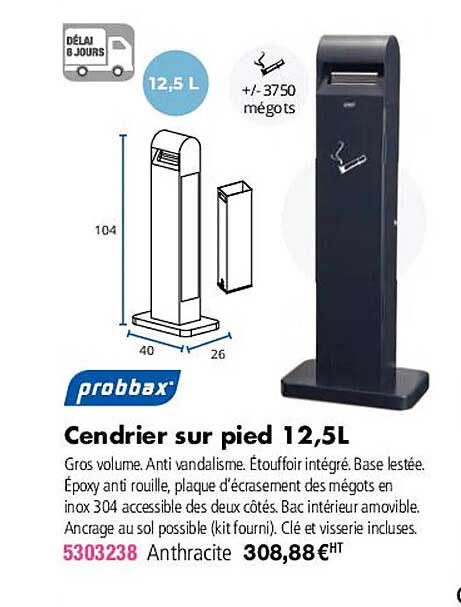 cendrier sur pied 12,5 l probbax