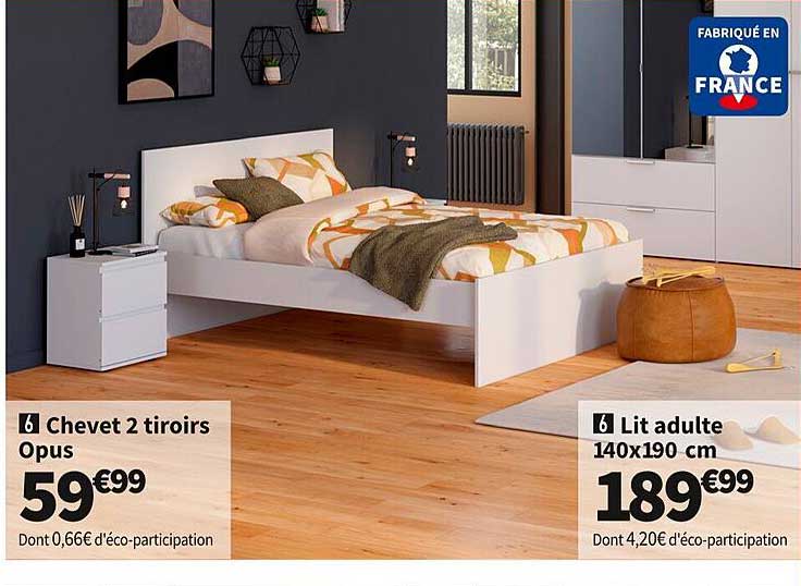 chevet 2 tiroirs opus, lit adulte 140 x 190 cm