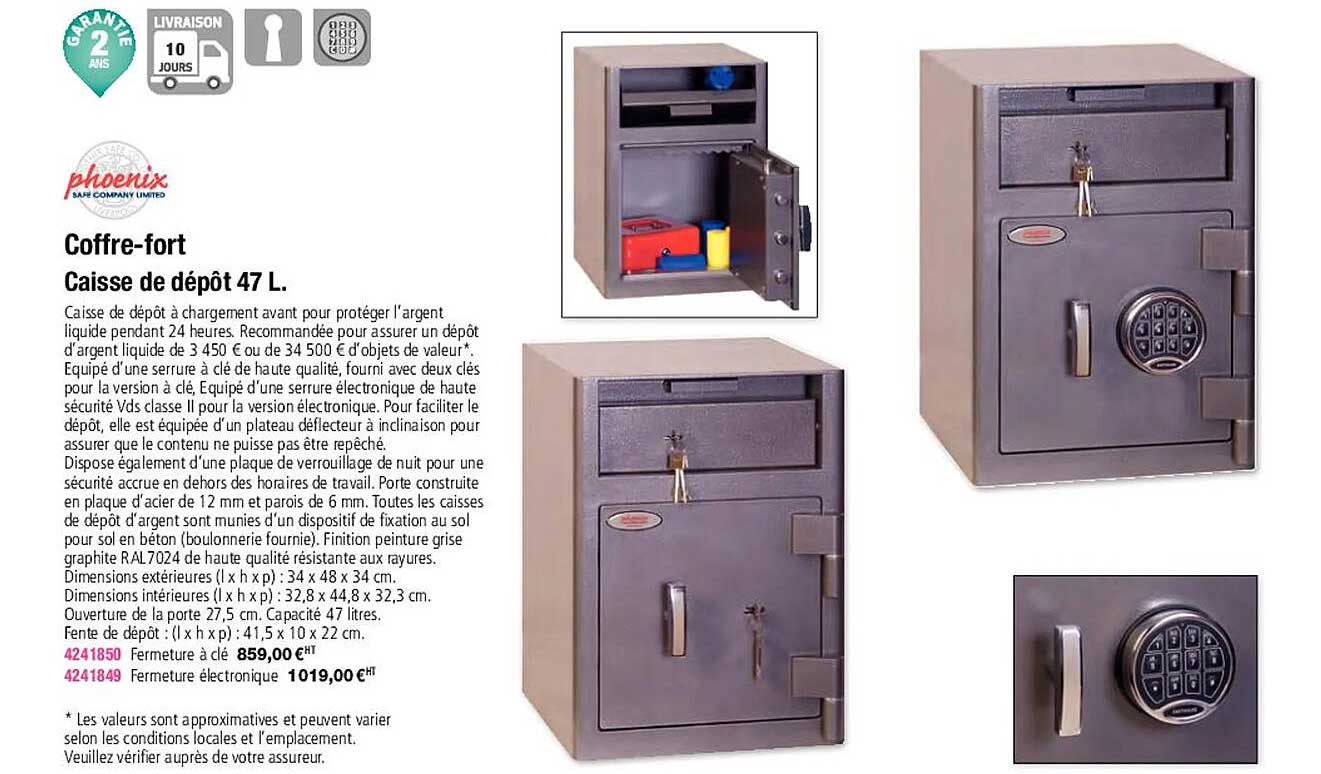 coffre-fort caisse de dépôt 47 l phoenix