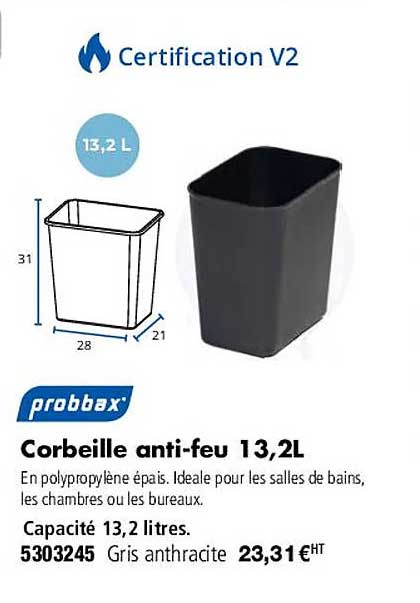 corbeille anti-feu 13,2 l probbax
